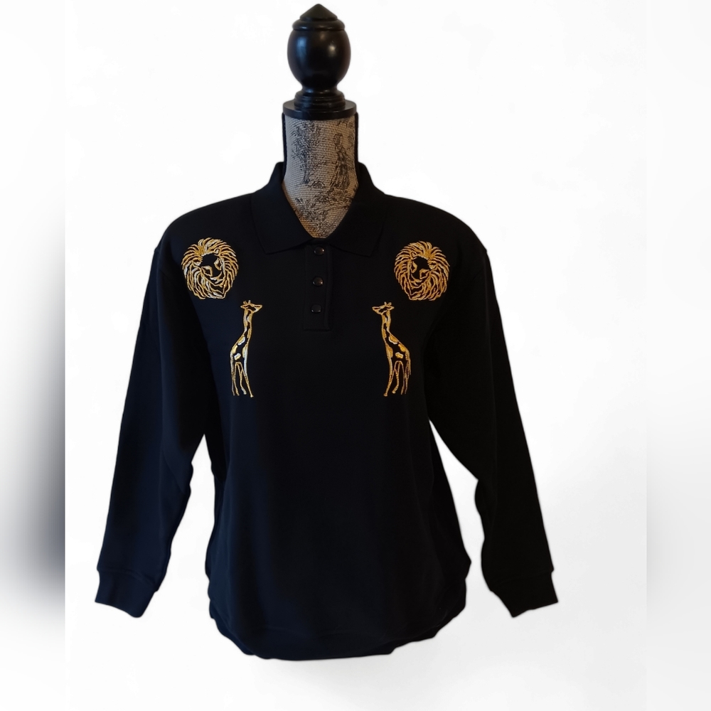 EVR women's black embroidered safari animals button-front top size S